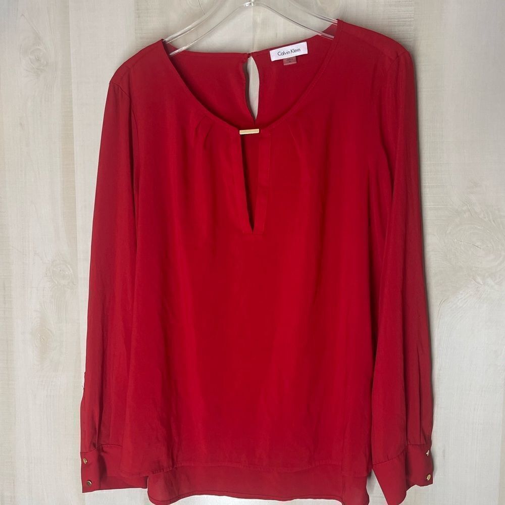 Calvin Klein Red Long-Sleeve Keyhole Blouse